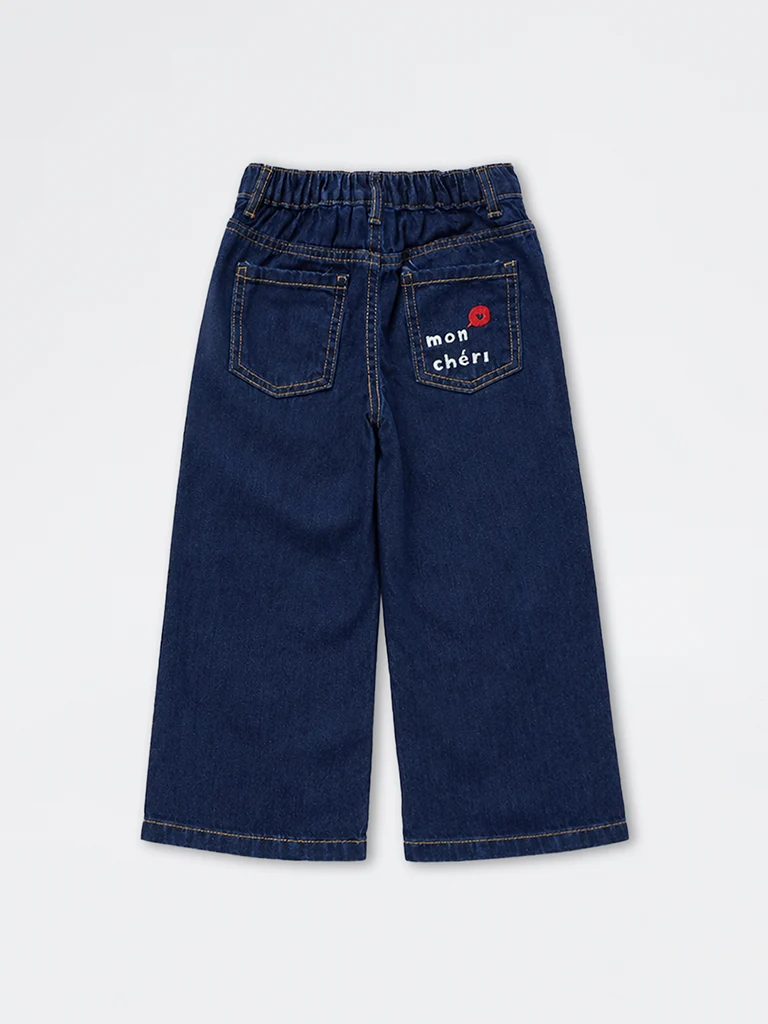 Kids Girls Dark Blue Text-Embroidered High-Rise Jeans